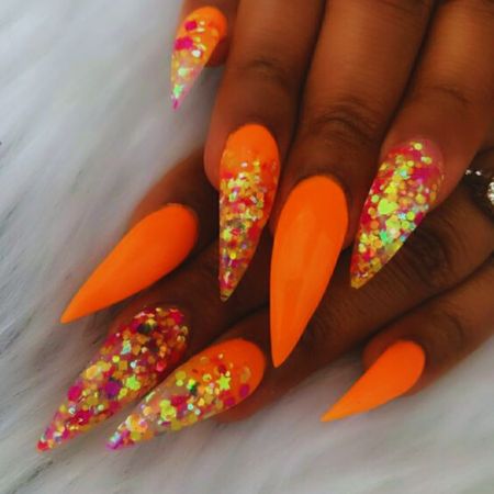 Glittered-Matte-Orange-Nails