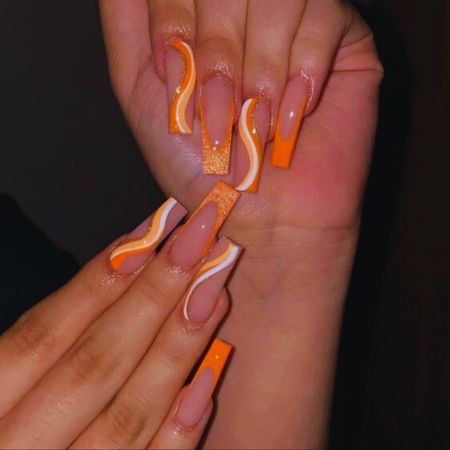 Swirl-Design-on-Orange-Ombre-Nails